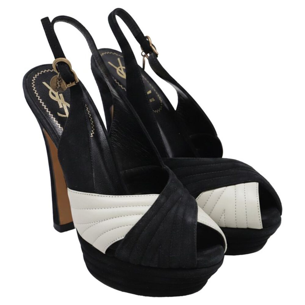 Saint Laurent Cross Strap Peep-Toe Platform Pumps in Black Suede - Picture 3 of 11